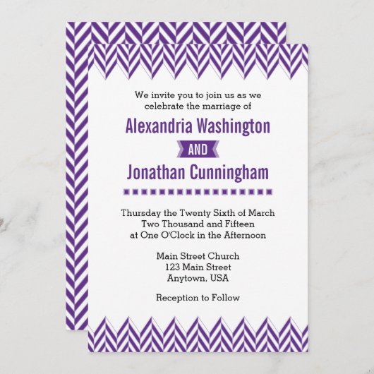 Paarse White Herringbone Wedding Invitation Kaart (Voorkant / Achterkant)