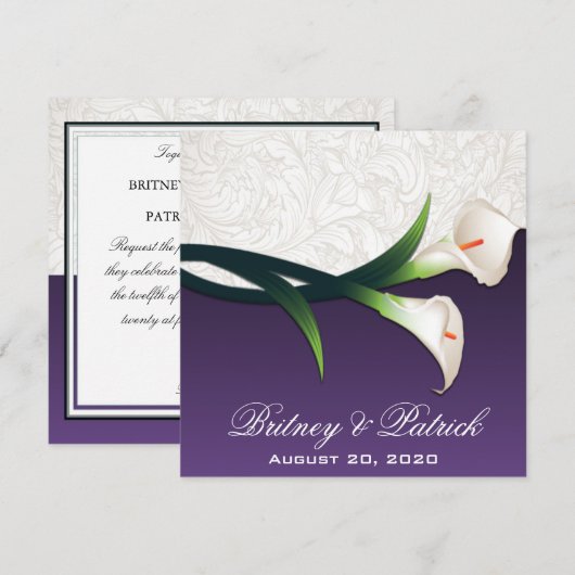 Paarse White Silver Calla Lily Wedding Invitations Kaart (Voorkant / Achterkant)