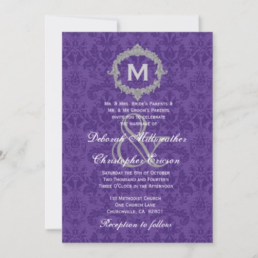 Paarse White Silver  Monogram Wedding V021 Kaart (Voorkant)