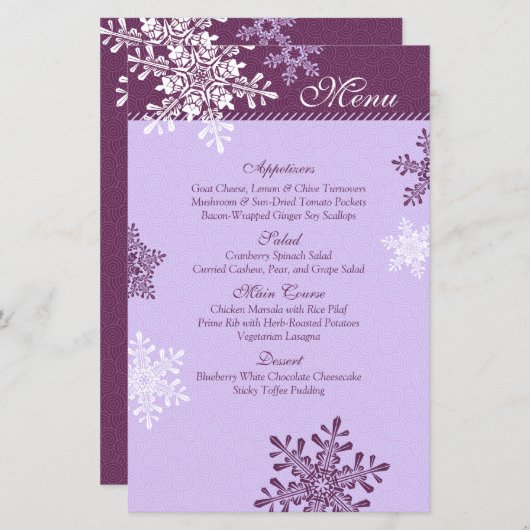 Paarse White Snowflakes Winter Wedding Menu Kaart (Voorkant / Achterkant)