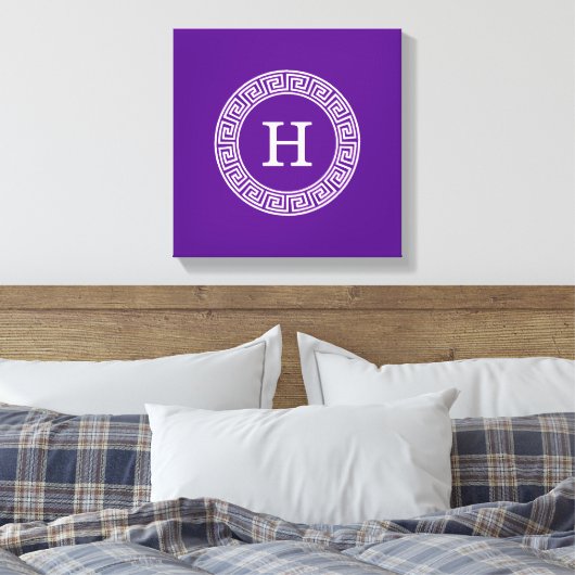 Paarse Wht Grieks Sleutel Rnd Lijst Initiaal Monog Canvas Afdruk (Insitu (Slaapkamer))