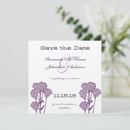Paarse Wild Flower Branch Wedding Save the Date Kaart (Staand voorkant)