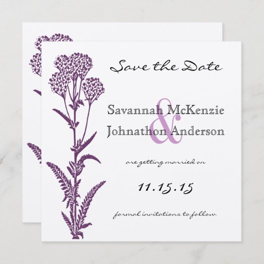 Paarse Wild Flower Branch Wedding Save the Date Kaart (Voorkant / Achterkant)