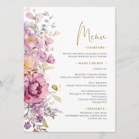 Paarse Wildbloemen Bruiloft Menu (Voorkant)