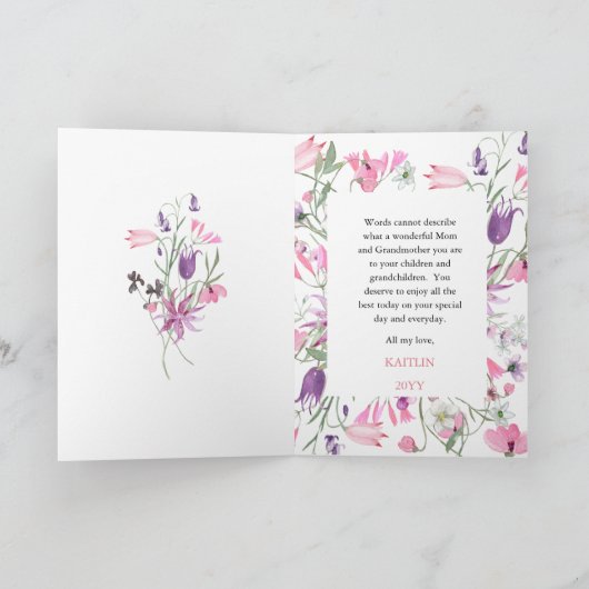 Paarse Wildbloemen Happy Moederdag oma Kaart (Binnen)