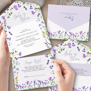 Paarse Wilde Bloem Baby Shower Boek en Luiers All In One Uitnodiging