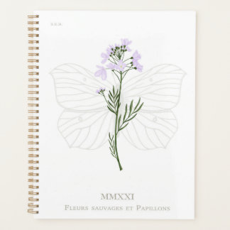 Paarse wilde bloem en baksteenvlinder planner