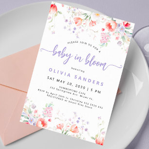 Paarse wilde bloemen baby bad met bloeiende bloeme kaart