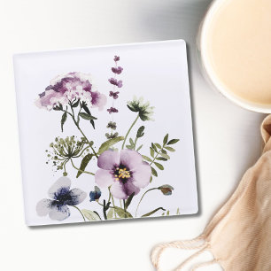 Paarse Wilde Bloemen Boeket Waterverf Bloemen Glazen Onderzetter