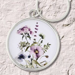 Paarse Wilde Bloemen Boeket Waterverf Bloemen Sleutelhanger