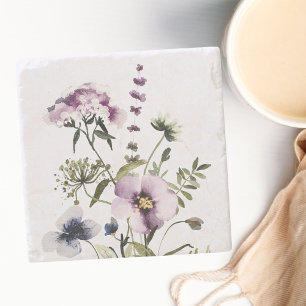 Paarse Wilde Bloemen Boeket Waterverf Bloemen Stenen Onderzetter