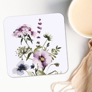 Paarse Wilde Bloemen Boeket Waterverf Bloemen Vierkante Kartonnen Onderzetter