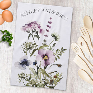 Paarse Wilde Bloemen Boeket Waterverf Bloemig Theedoek
