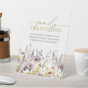 Paarse wilde bloemen favoriete familie tradities s reclamebord met voetstuk