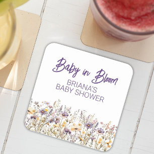 Paarse wilde bloemen geslacht neutrale baby shower vierkante kartonnen onderzetter