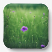 Paarse wilde bloemen in groen veld papieren bordje (Voorkant)