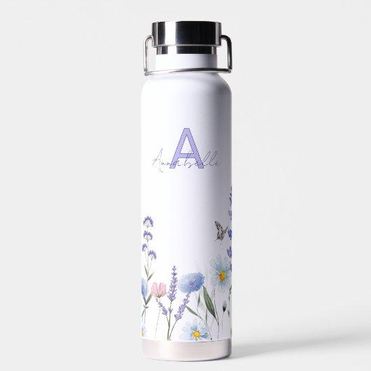 Paarse wilde bloemen monogram waterfles (Achterkant)
