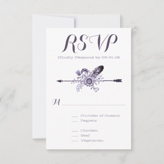 Paarse wilde bloemen veren en pijl RSVP kaartje (Voorkant)