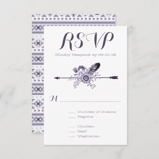 Paarse wilde bloemen veren en pijl RSVP kaartje (Voorkant / Achterkant)