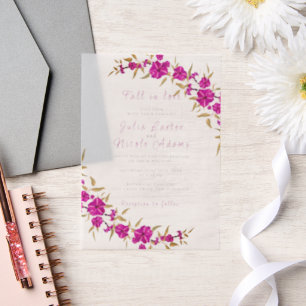Paarse wilde trompet wijnstok bloementuin bruiloft vellum uitnodigingen