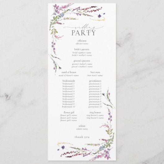 Paarse Wildflower Calligraphy Wedding Programme Programma (Achterkant)