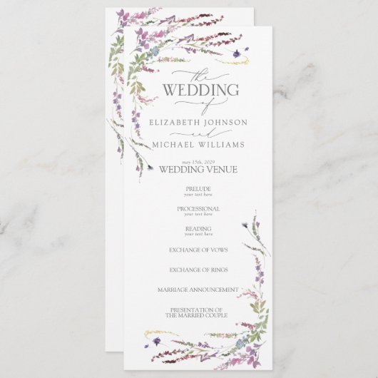 Paarse Wildflower Calligraphy Wedding Programme Programma (Voorkant / Achterkant)