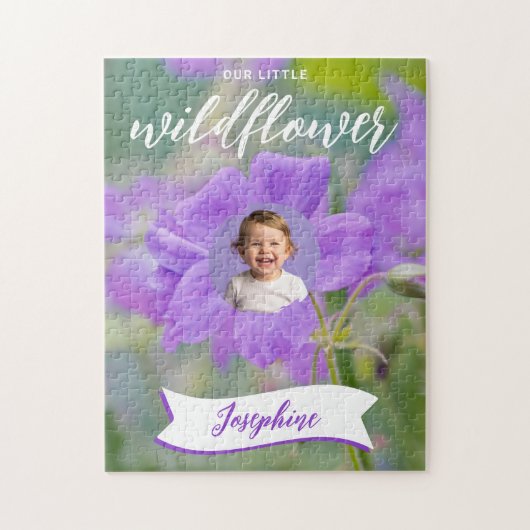 Paarse Wildflower Custom Kind foto en naam Legpuzzel (Verticaal)