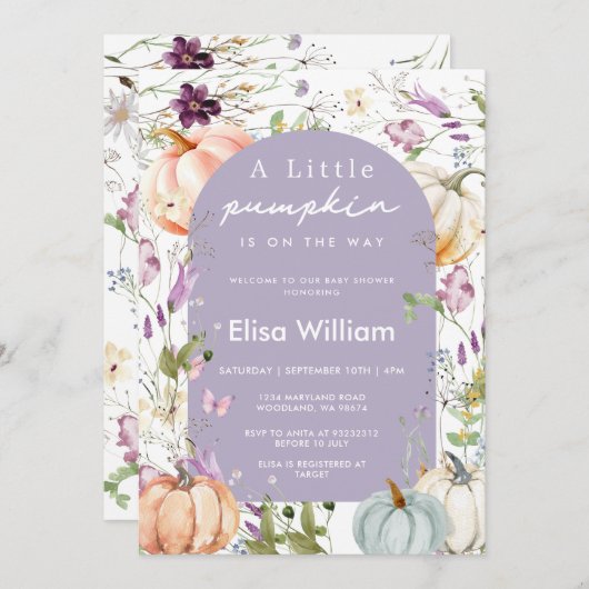 Paarse Wildflower Pumpkin Baby shower Garden Party Kaart (Voorkant / Achterkant)