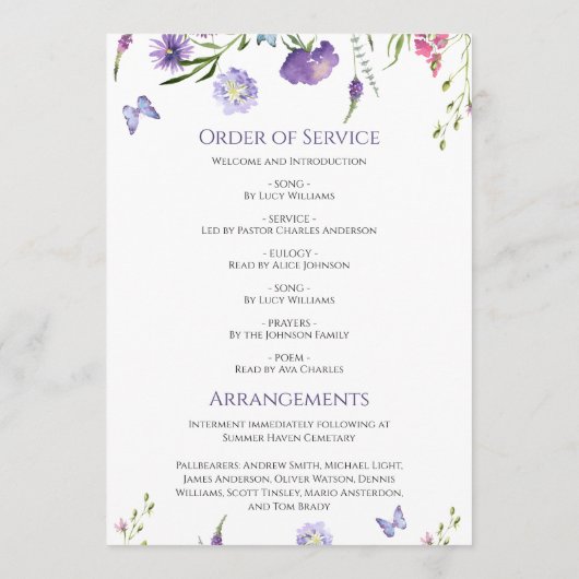 Paarse Wildflowers Funeral Order of Service Programma (Achterkant)
