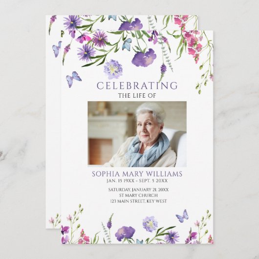 Paarse Wildflowers Funeral Order of Service Programma (Voorkant / Achterkant)
