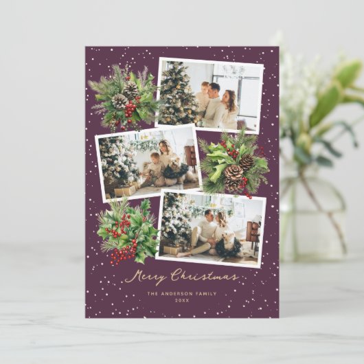 Paarse Winter Botanicals Foto Kerst Kaart (Staand voorkant)