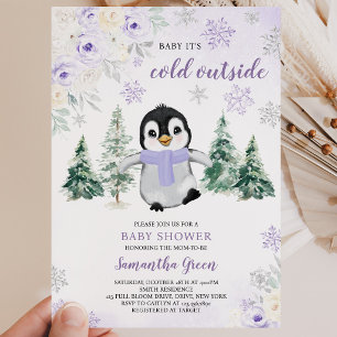 Paarse Winter Pinguïn Baby Shower Kaart