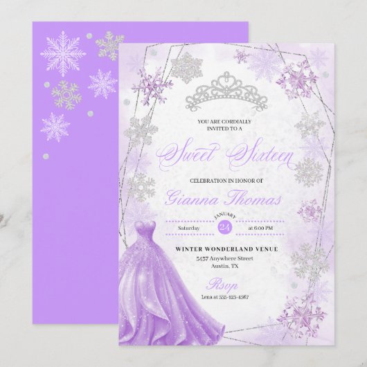 Paarse Winter Wonderland Sneeuwvlok Sweet 16 Kaart (Voorkant / Achterkant)