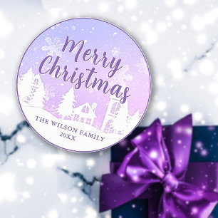 Paarse Winter Wonderland Vrolijk Kerstfeest Ronde Sticker