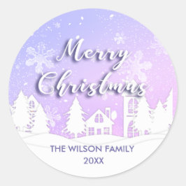 Paarse Winter Wonderland White Snowy House Vakanti Ronde Sticker