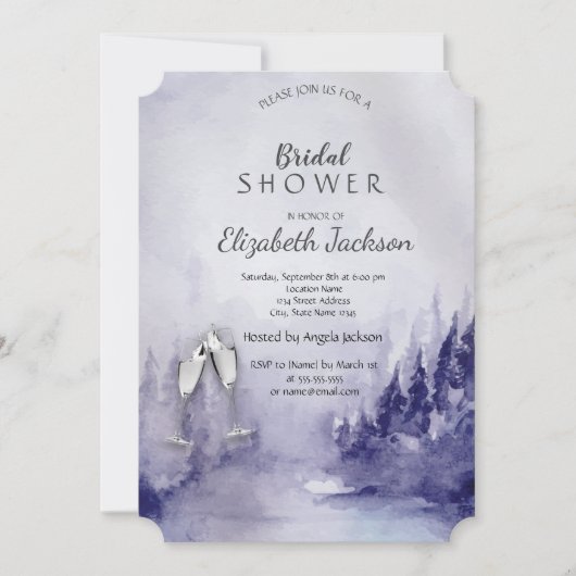 Paarse winterlandschap wijn glas bruidsdouche kaart (Voorkant)