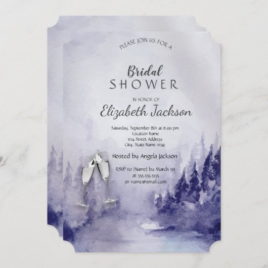 Paarse winterlandschap wijnglas bruidsdouche kaart (Voorkant / Achterkant)