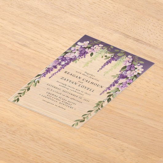 Paarse Wisteria Bloemen Groen Modern Bruiloft Acryl Uitnodigingen (Laagn)