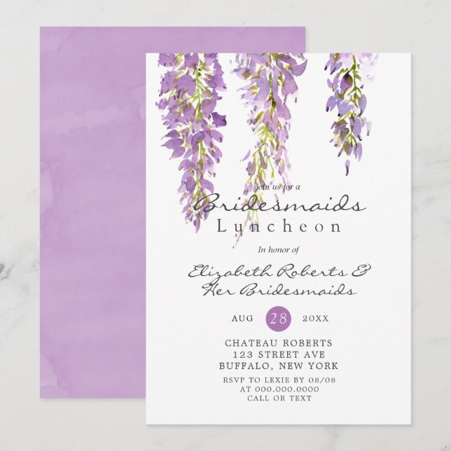 Paarse Wisteria Bridesmaids Luncheon Invites (Voorkant / Achterkant)