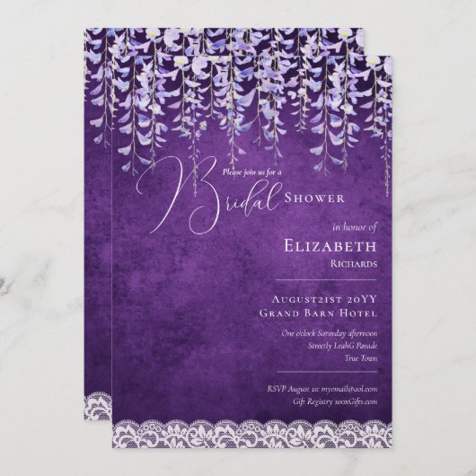 Paarse Wisteria Bruidsdouche Uitnodiging Gedrukt o (Voorkant / Achterkant)