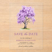 Paarse Wisteria Floral Tree Wedding Save the Date Acryl Uitnodigingen (Voorkant)