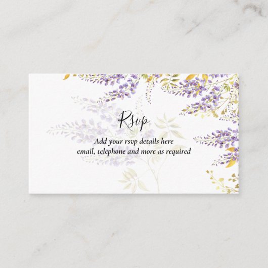 Paarse Wisteria RSVP Hotel Weddenschap Details Informatiekaartje (Voorkant)