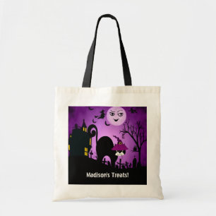 Paarse Witch Black Cat Trick or treat Tote Bag
