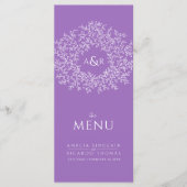 Paarse witte blad tekening monogram bruiloft menu (Voorkant)