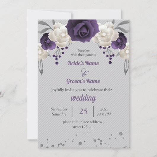 paarse witte bloemen botanische grijze bruiloft kaart (Voorkant)