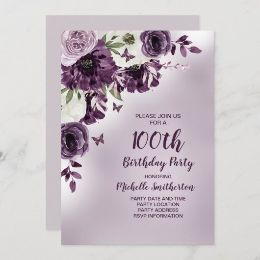 Paarse witte bloemen Butterflies 100e verjaardag Kaart (Voorkant / Achterkant)