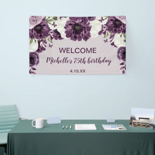 Paarse witte bloemen Butterflies 75e verjaardag Spandoek (Beurs)