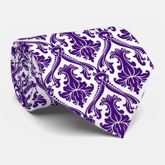 Paarse & Witte Bloemen Damasks Barokstijl Stropdas (Opgerold)