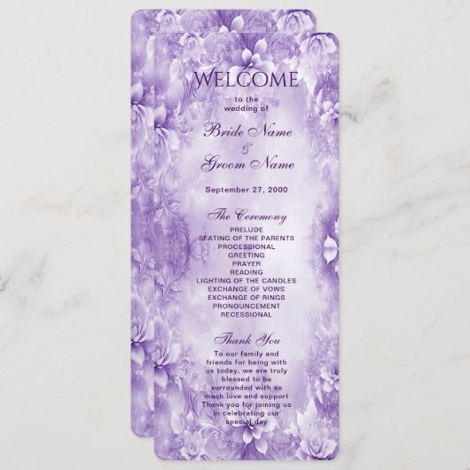 Paarse witte bloemen huwelijksprogramma programma (Voorkant / Achterkant)