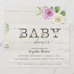 Paarse witte bloemen n hout   Meisje Baby shower Kaart